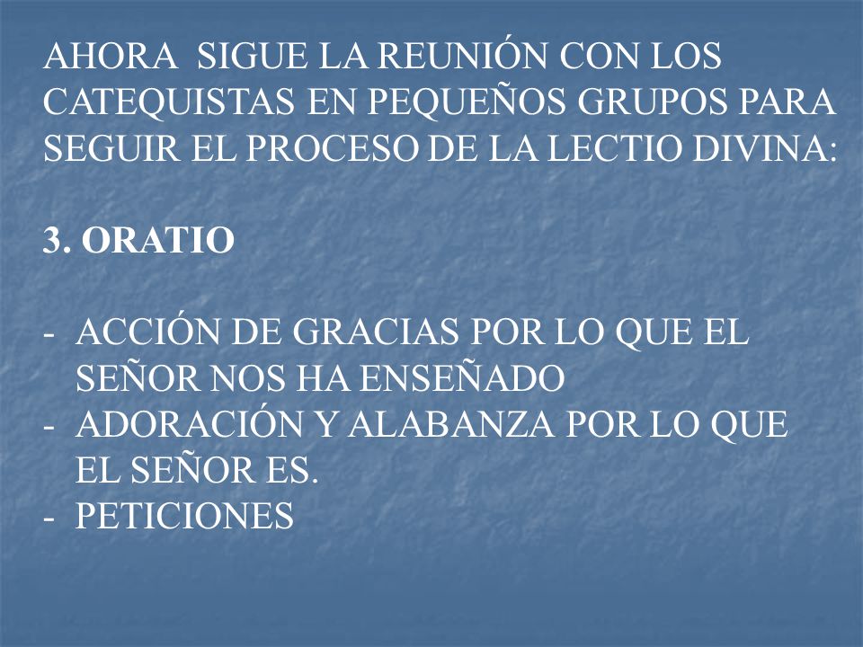 AHORA SIGUE LA REUNIÓN CON LOS CATEQUISTAS EN PEQUEÑOS GRUPOS PARA SEGUIR EL PROCESO DE LA LECTIO DIVINA: