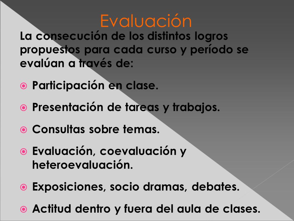 Evaluación La consecución de los distintos logros propuestos para cada curso y período se evalúan a través de: