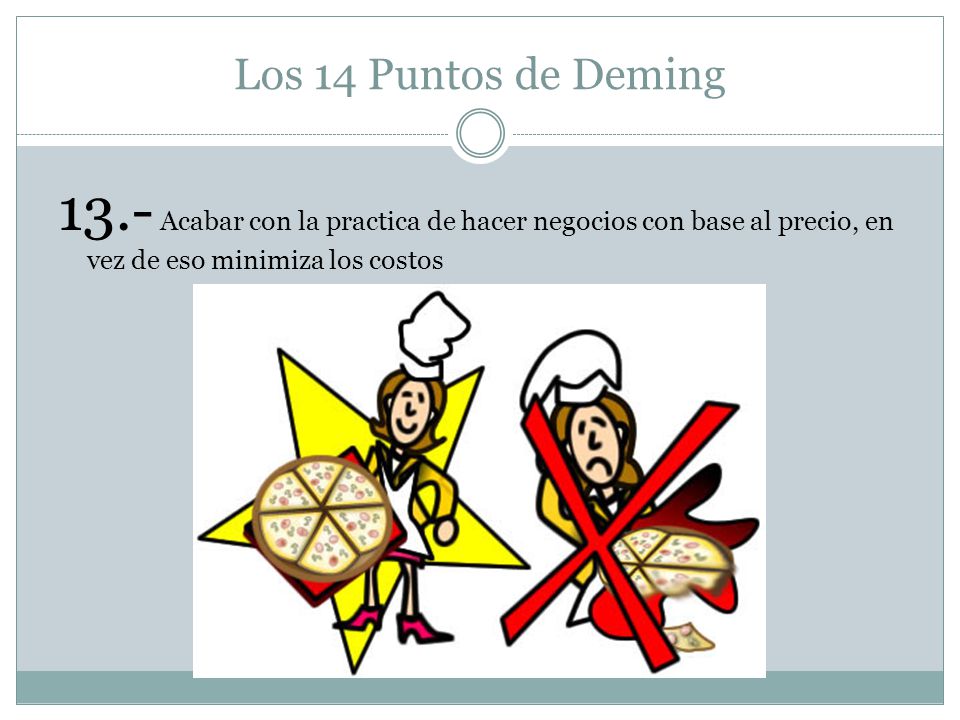 Los 14 Puntos de Deming 13.- Acabar con la practica de hacer negocios con base al precio, en vez de eso minimiza los costos.