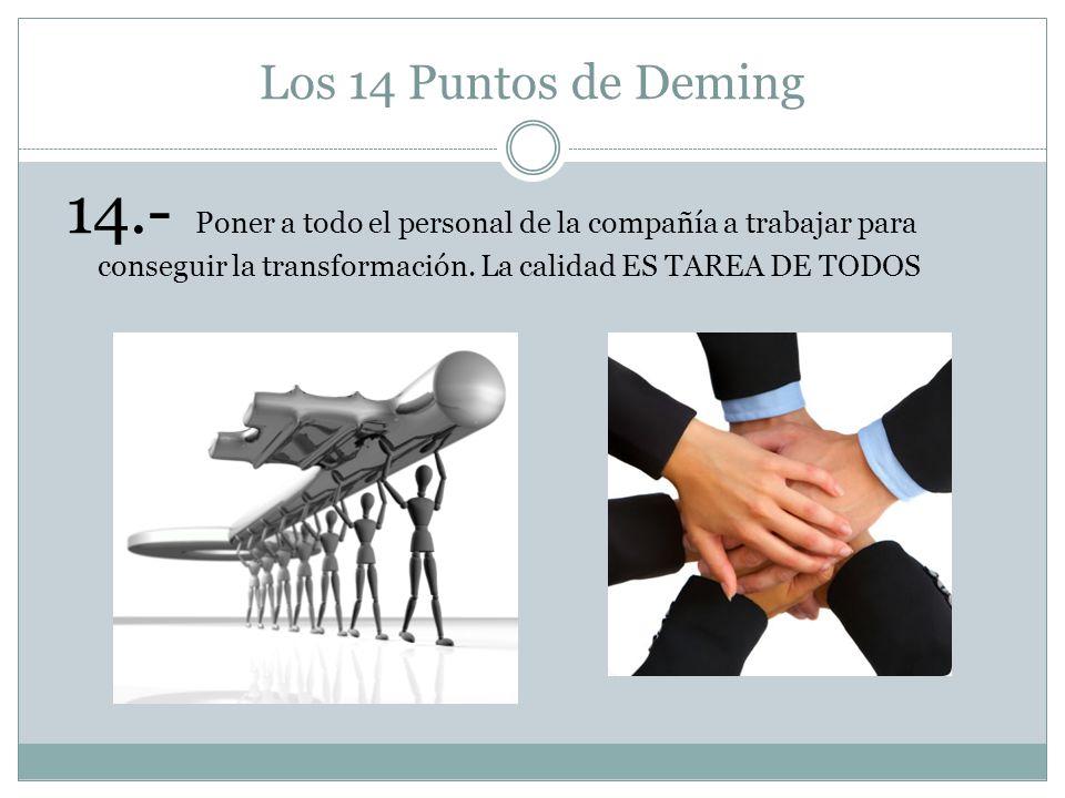 Los 14 Puntos de Deming 14.- Poner a todo el personal de la compañía a trabajar para conseguir la transformación.