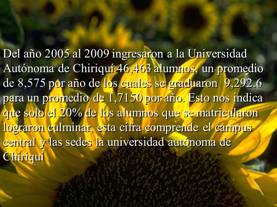 Del año 2005 al 2009 ingresaron a la Universidad Autónoma de Chiriquí 46,463 alumnos, un promedio de 8,575 por año de los cuales se graduaron 9,292.6 para un promedio de 1,7150 por año. Esto nos indica que solo el 20% de los alumnos que se matricularon lograron culminar, esta cifra comprende el campus central y las sedes la universidad autónoma de Chiriquí