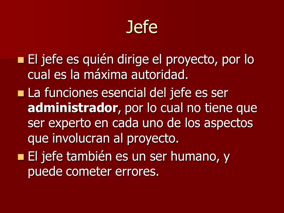 Jefe El jefe es quién dirige el proyecto, por lo cual es la máxima autoridad.