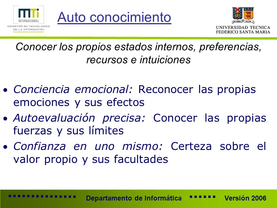 Auto conocimiento Conocer los propios estados internos, preferencias, recursos e intuiciones.