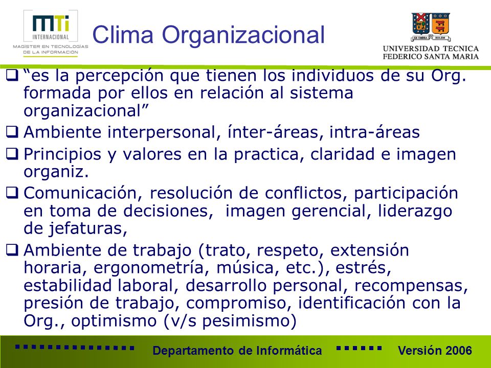 Clima Organizacional es la percepción que tienen los individuos de su Org. formada por ellos en relación al sistema organizacional