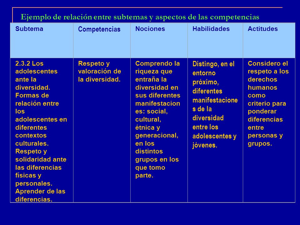 Ejemplo de relación entre subtemas y aspectos de las competencias