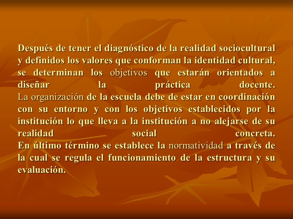 Después de tener el diagnóstico de la realidad sociocultural y definidos los valores que conforman la identidad cultural, se determinan los objetivos que estarán orientados a diseñar la práctica docente.