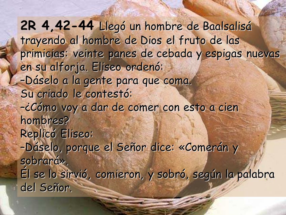 2R 4,42-44 Llegó un hombre de Baalsalisá trayendo al hombre de Dios el fruto de las primicias: veinte panes de cebada y espigas nuevas en su alforja.