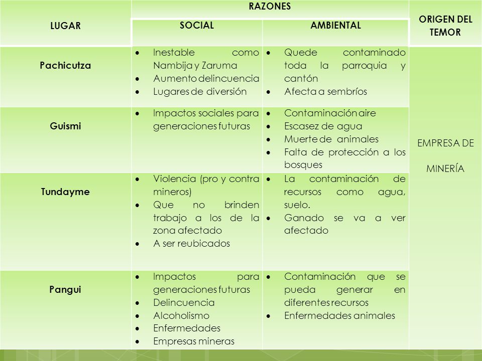 LUGAR. RAZONES. ORIGEN DEL TEMOR. SOCIAL. AMBIENTAL. Pachicutza. Inestable como Nambija y Zaruma.