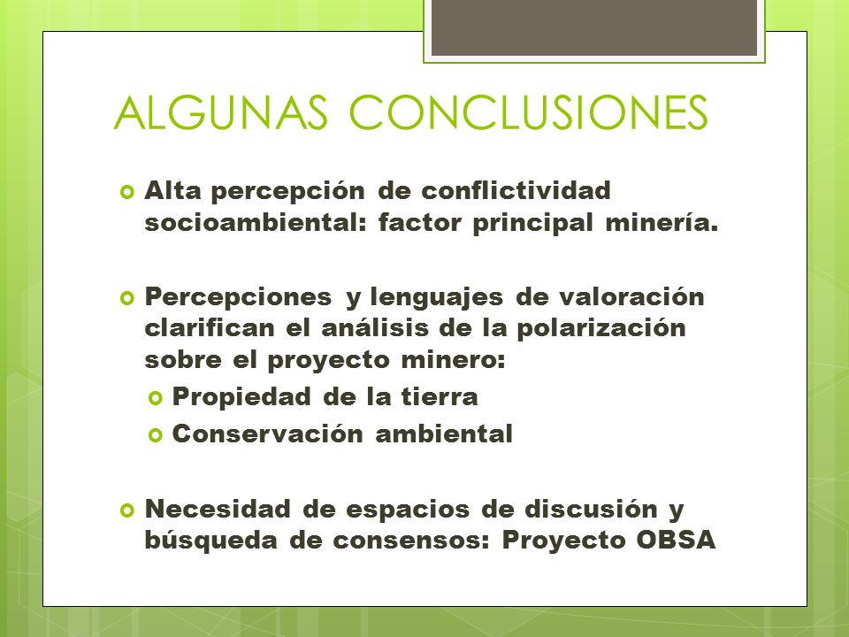 ALGUNAS CONCLUSIONES Alta percepción de conflictividad socioambiental: factor principal minería.