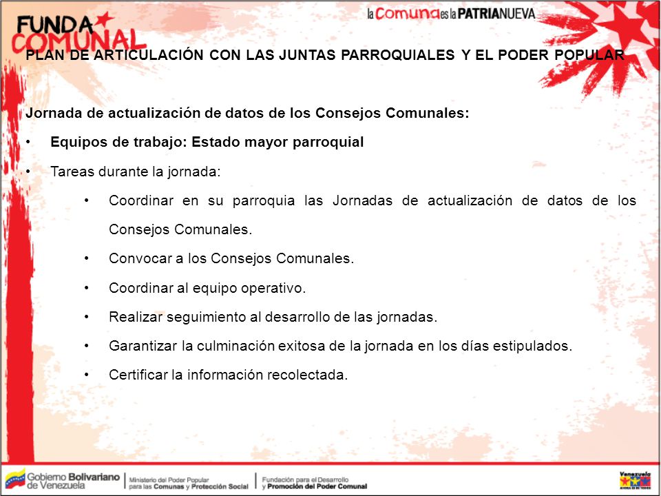 PLAN DE ARTICULACIÓN CON LAS JUNTAS PARROQUIALES Y EL PODER POPULAR