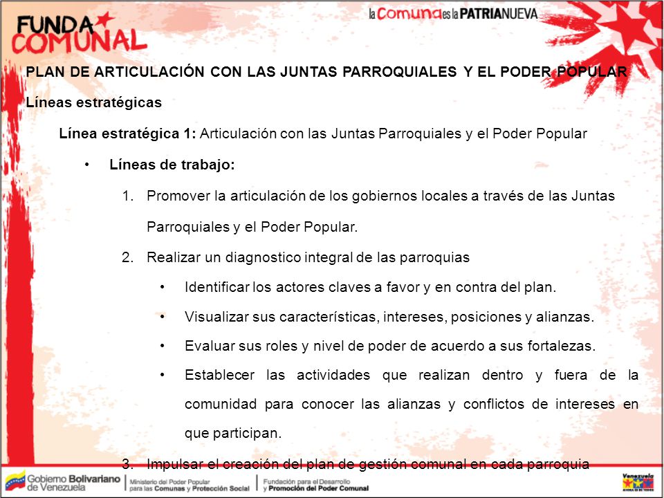 PLAN DE ARTICULACIÓN CON LAS JUNTAS PARROQUIALES Y EL PODER POPULAR