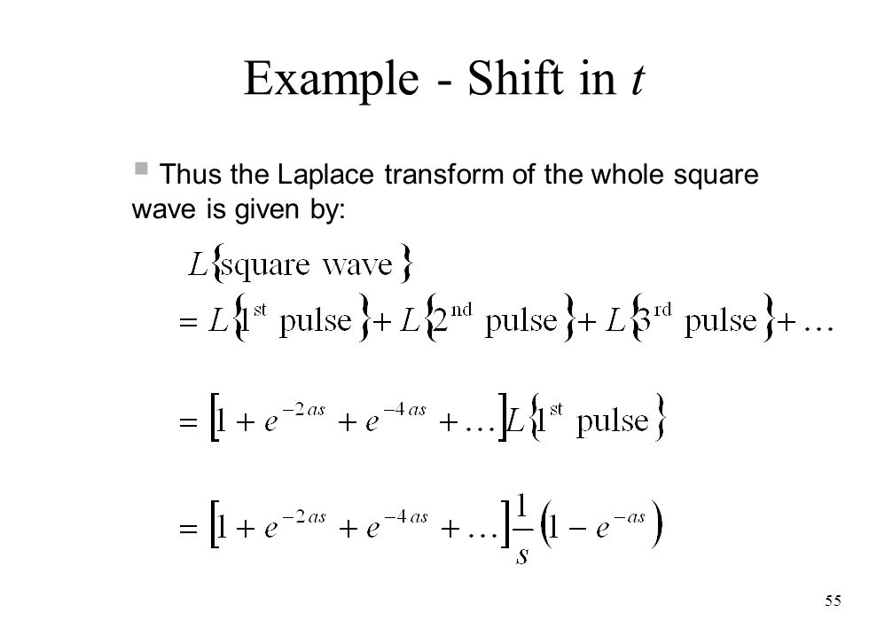 Example - Shift in t Thus the Laplace transform of the whole square wave is given by: