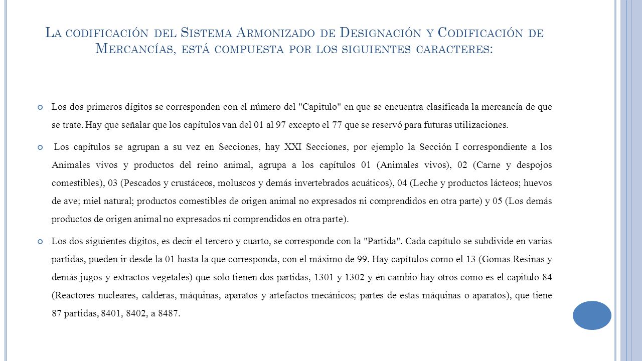La codificación del Sistema Armonizado de Designación y Codificación de Mercancías, está compuesta por los siguientes caracteres: