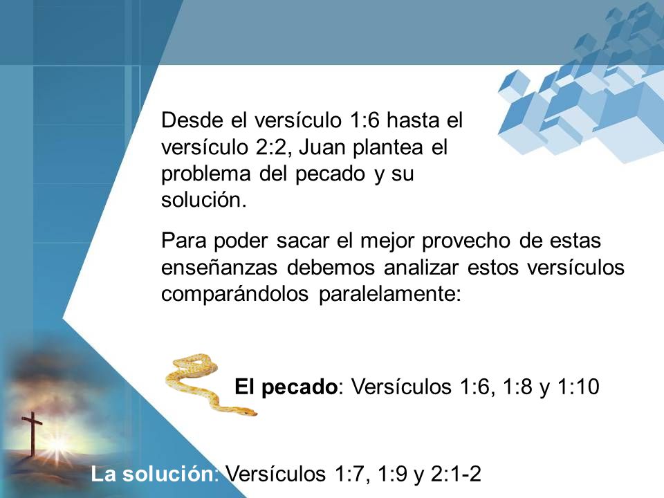 Desde el versículo 1:6 hasta el versículo 2:2, Juan plantea el problema del pecado y su solución.