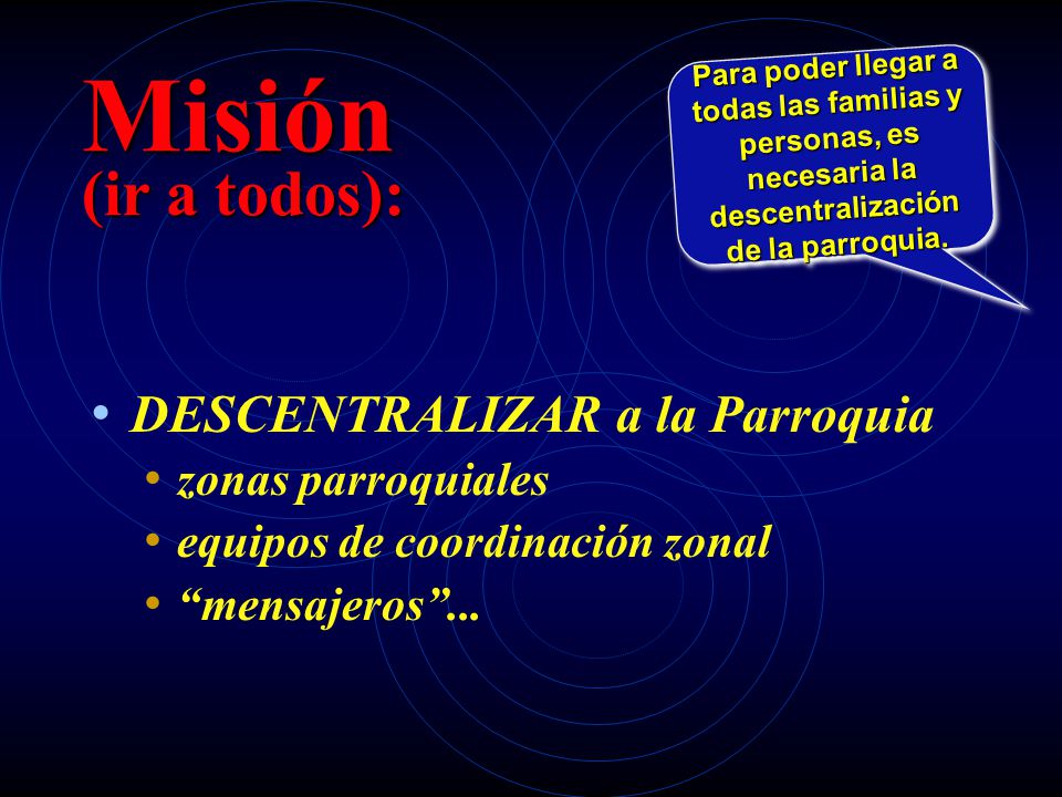 Misión (ir a todos): DESCENTRALIZAR a la Parroquia zonas parroquiales