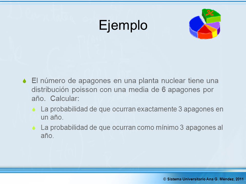 Ejemplo El número de apagones en una planta nuclear tiene una distribución poisson con una media de 6 apagones por año. Calcular: