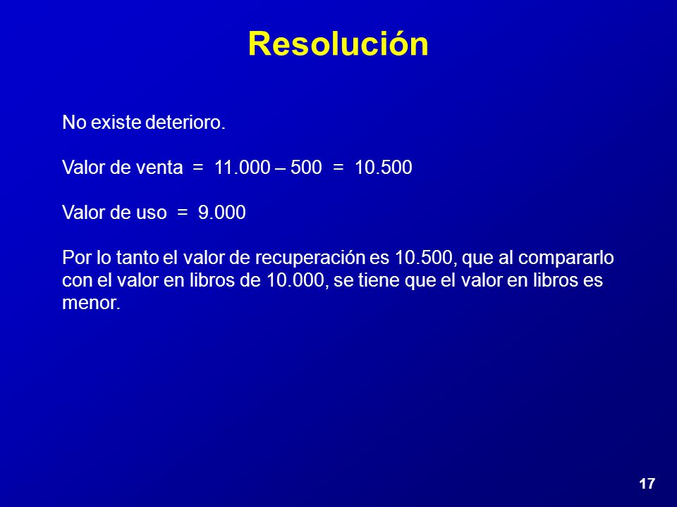 Resolución No existe deterioro. Valor de venta = – 500 =