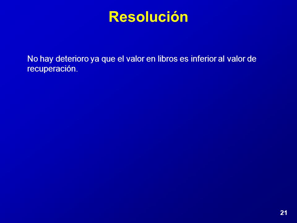 Resolución No hay deterioro ya que el valor en libros es inferior al valor de recuperación.