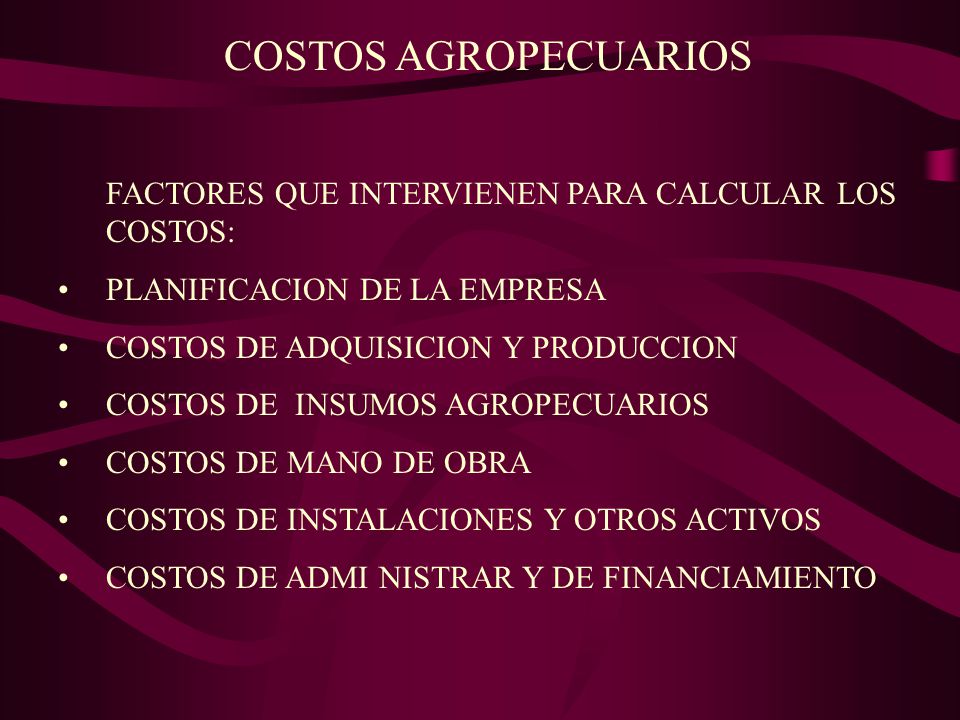 COSTOS AGROPECUARIOS FACTORES QUE INTERVIENEN PARA CALCULAR LOS COSTOS: PLANIFICACION DE LA EMPRESA.
