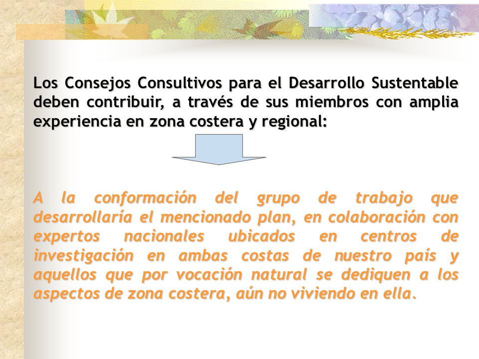 Los Consejos Consultivos para el Desarrollo Sustentable deben contribuir, a través de sus miembros con amplia experiencia en zona costera y regional: