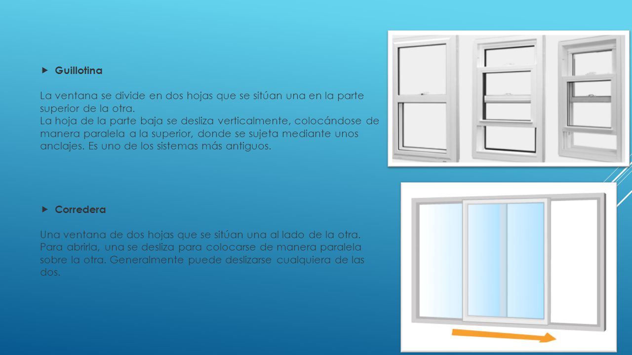 Guillotina La ventana se divide en dos hojas que se sitúan una en la parte superior de la otra.