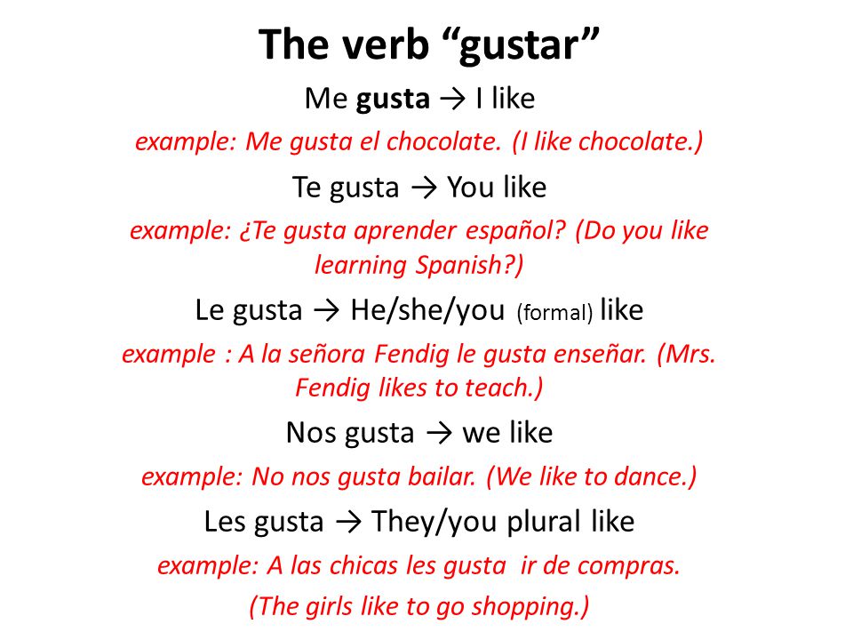 The verb gustar Me gusta → I like Te gusta → You like