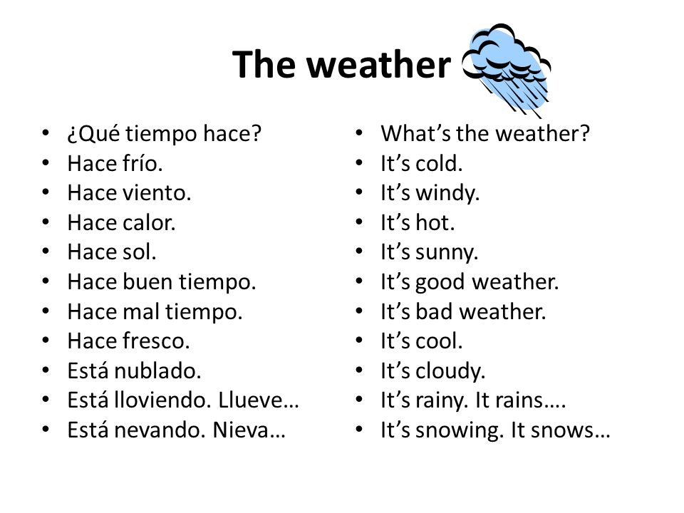 The weather ¿Qué tiempo hace Hace frío. Hace viento. Hace calor.