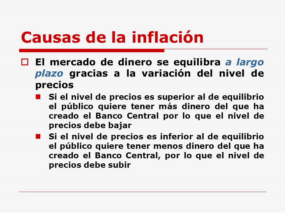 Causas de la inflación El mercado de dinero se equilibra a largo plazo gracias a la variación del nivel de precios.
