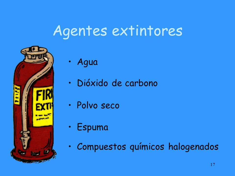 Agentes extintores Agua Dióxido de carbono Polvo seco Espuma