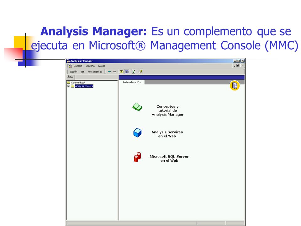 Analysis Manager: Es un complemento que se ejecuta en Microsoft® Management Console (MMC)