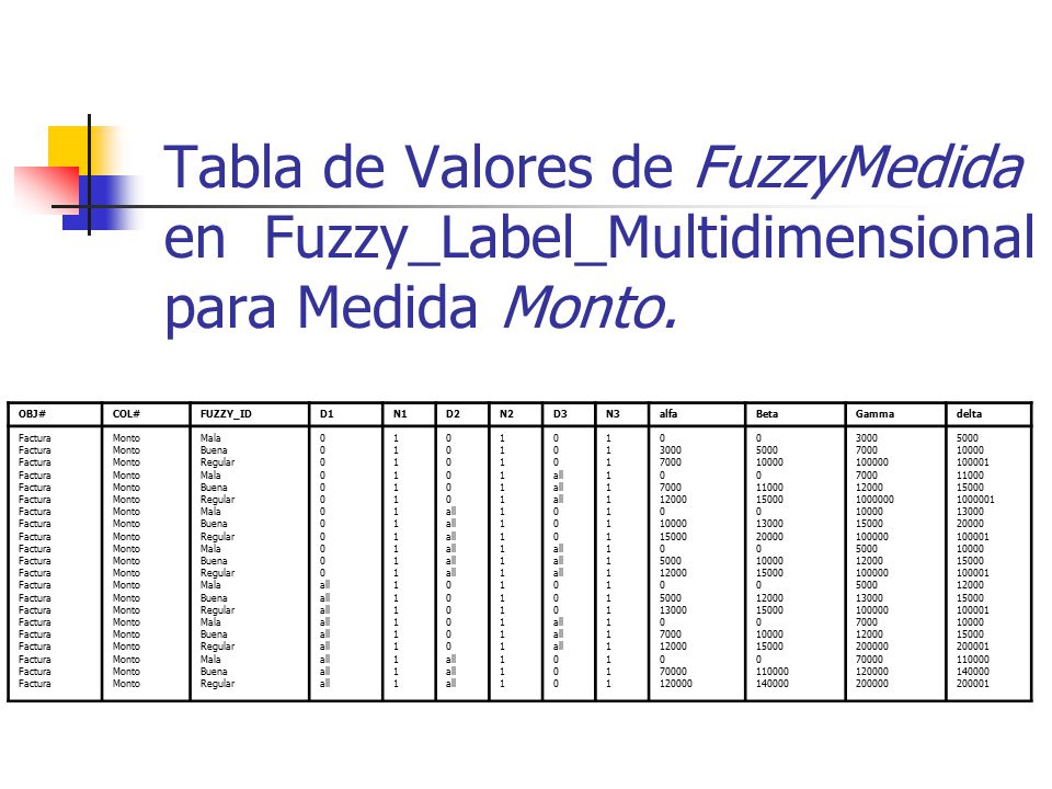 Tabla de Valores de FuzzyMedida en Fuzzy_Label_Multidimensional para Medida Monto.