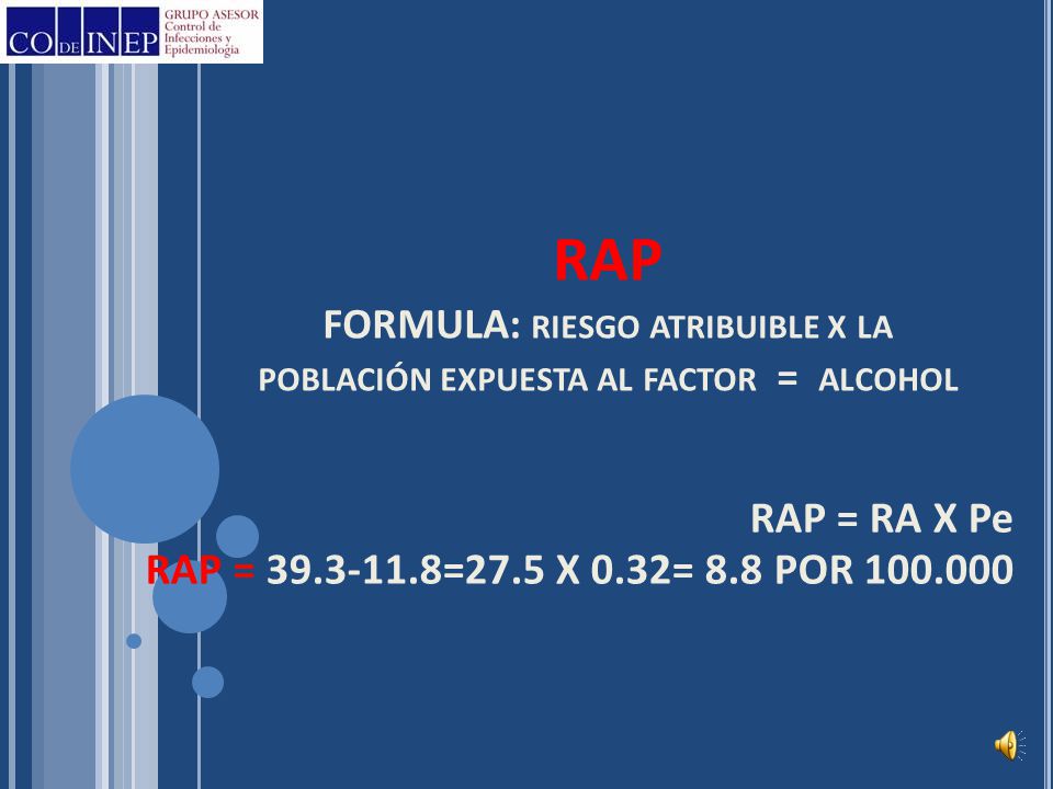 RAP FORMULA: riesgo atribuible x la población expuesta al factor = alcohol