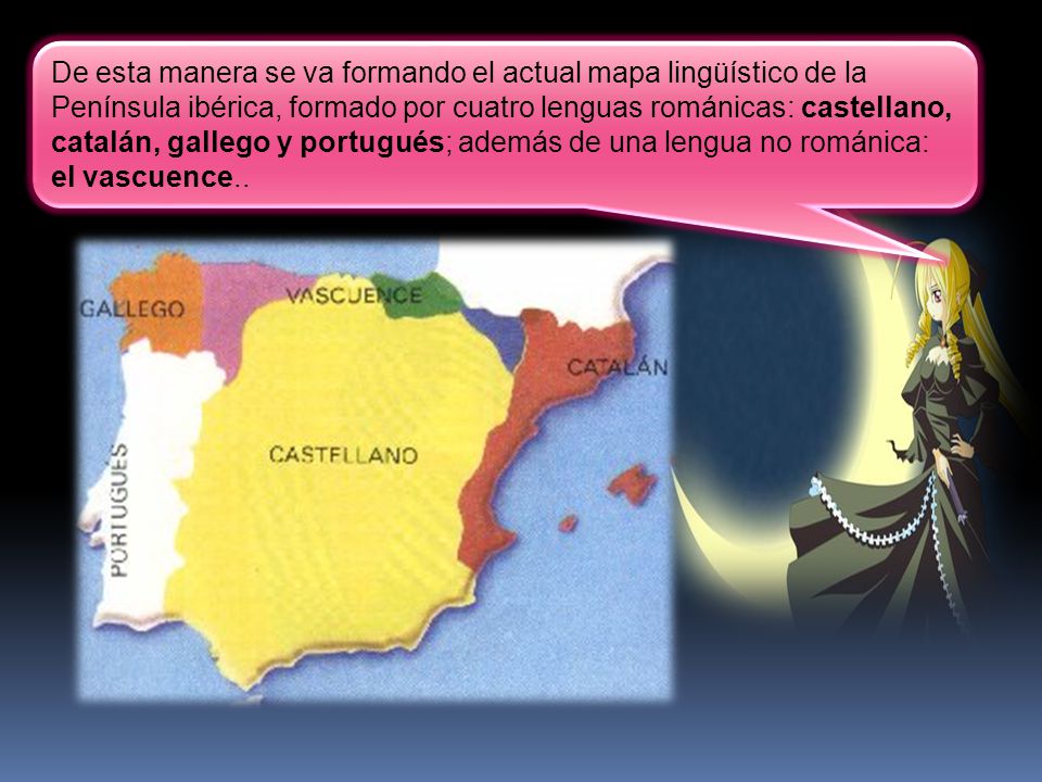 De esta manera se va formando el actual mapa lingüístico de la Península ibérica, formado por cuatro lenguas románicas: castellano, catalán, gallego y portugués; además de una lengua no románica: el vascuence..