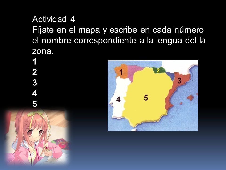 Actividad 4 Fíjate en el mapa y escribe en cada número el nombre correspondiente a la lengua del la zona.