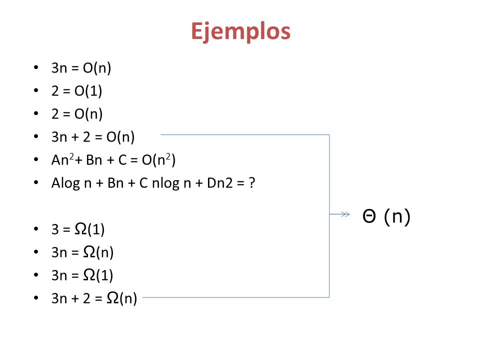 Ejemplos Θ (n) 3n = O(n) 2 = O(1) 2 = O(n) 3n + 2 = O(n)