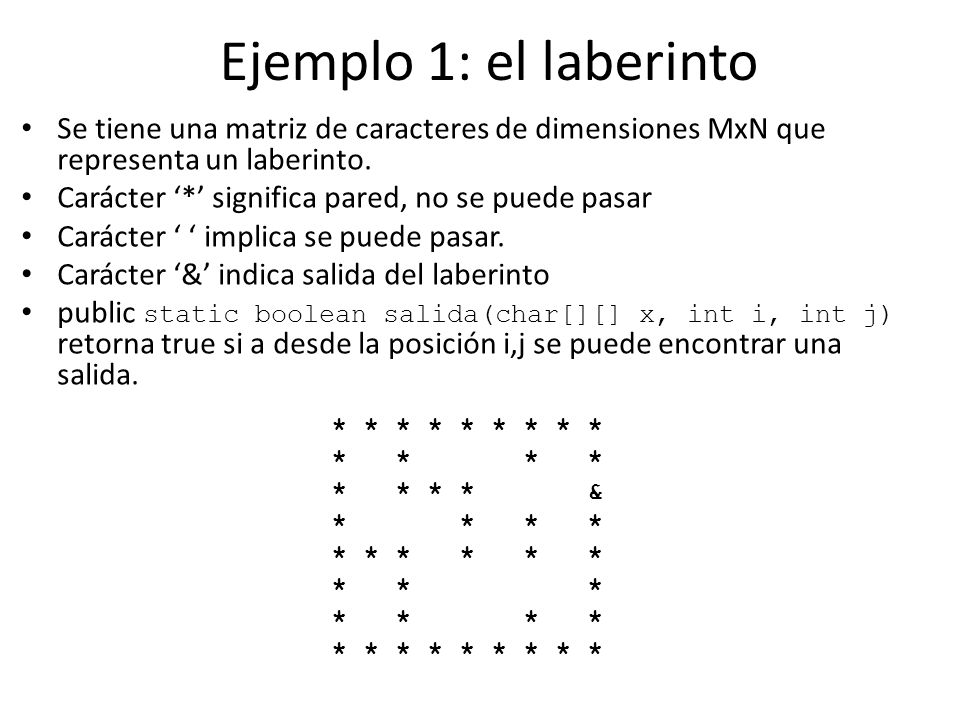 Ejemplo 1: el laberinto Se tiene una matriz de caracteres de dimensiones MxN que representa un laberinto.