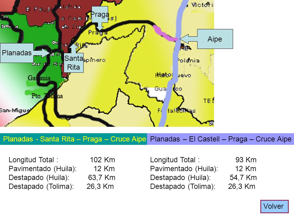 Praga Aipe. Planadas. Santa. Rita. Planadas - Santa Rita – Praga – Cruce Aipe. Planadas – El Castell – Praga – Cruce Aipe.