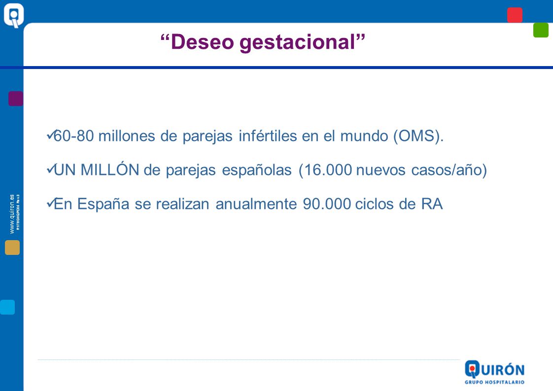 Deseo gestacional millones de parejas infértiles en el mundo (OMS). UN MILLÓN de parejas españolas ( nuevos casos/año)