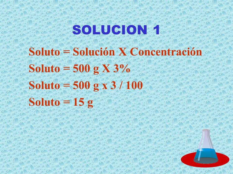 SOLUCION 1 Soluto = Solución X Concentración Soluto = 500 g X 3%