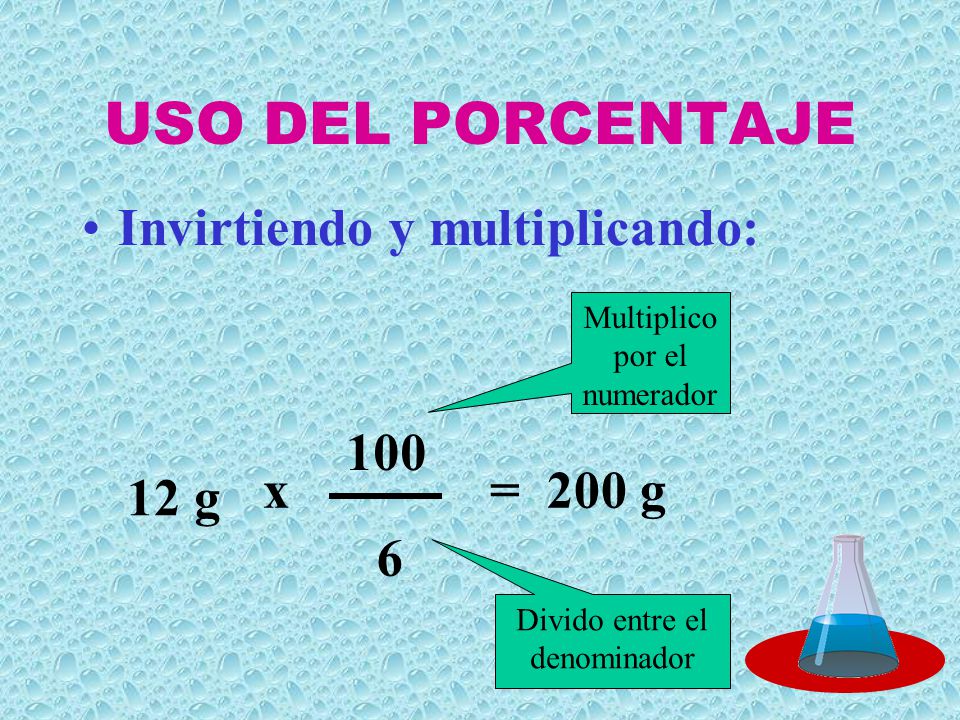 USO DEL PORCENTAJE Invirtiendo y multiplicando: 100 x = 200 g 12 g 6