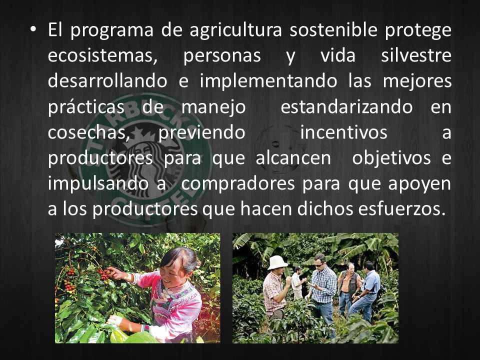 El programa de agricultura sostenible protege ecosistemas, personas y vida silvestre desarrollando e implementando las mejores prácticas de manejo estandarizando en cosechas, previendo incentivos a productores para que alcancen objetivos e impulsando a compradores para que apoyen a los productores que hacen dichos esfuerzos.