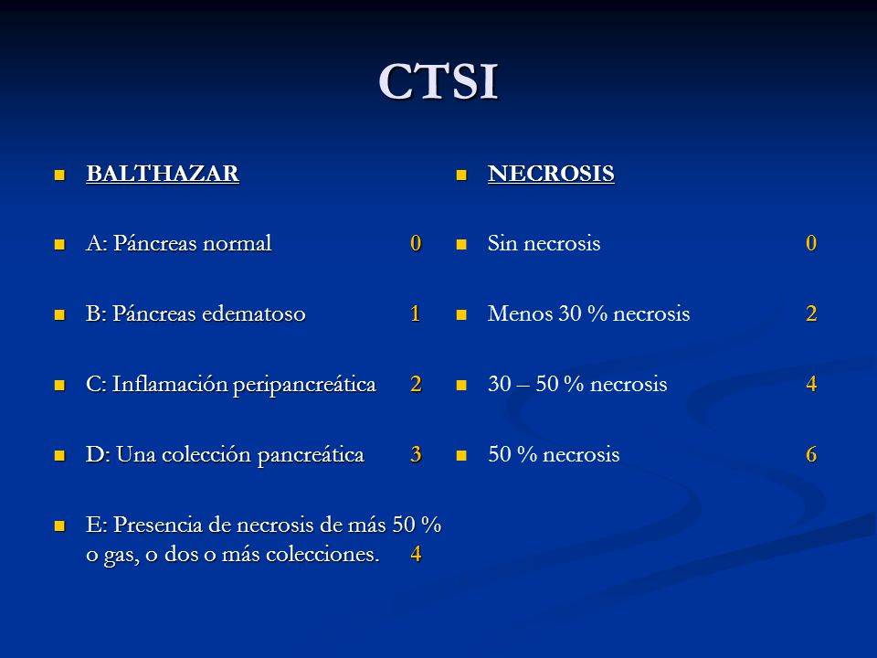 CTSI BALTHAZAR A: Páncreas normal 0 B: Páncreas edematoso 1