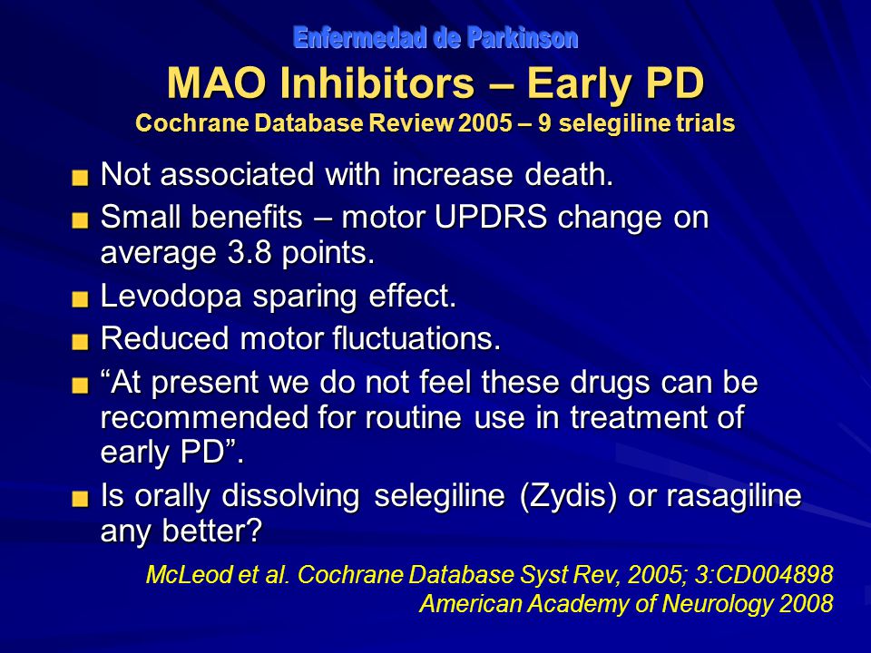 MAO Inhibitors – Early PD Cochrane Database Review 2005 – 9 selegiline trials
