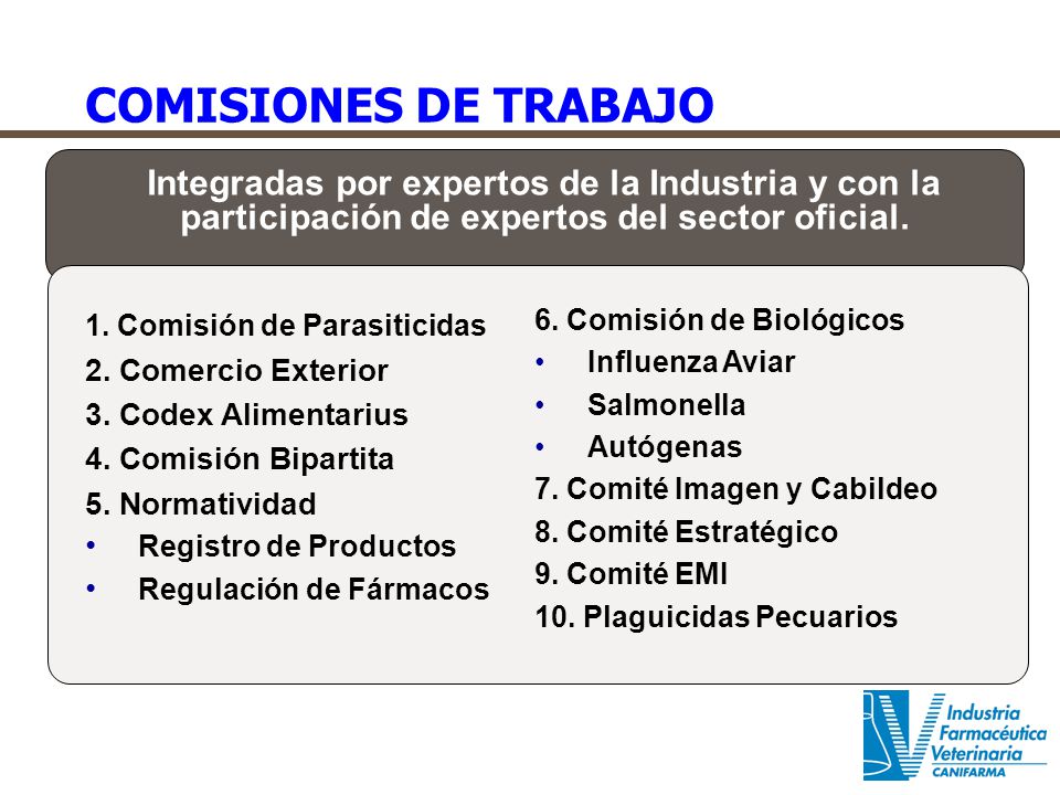 COMISIONES DE TRABAJO Integradas por expertos de la Industria y con la participación de expertos del sector oficial.