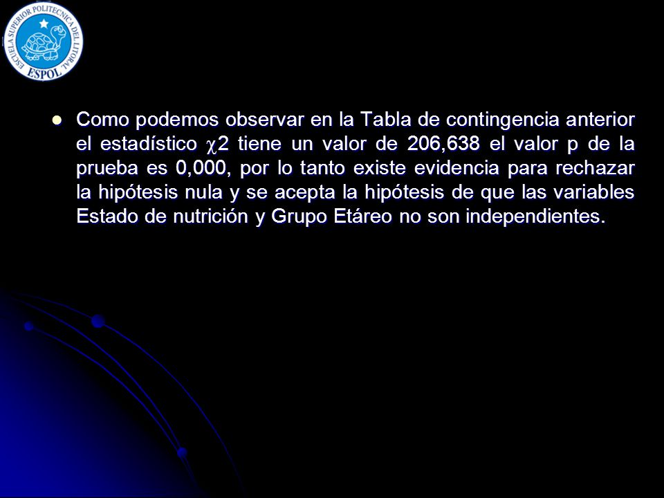 Como podemos observar en la Tabla de contingencia anterior el estadístico 2 tiene un valor de 206,638 el valor p de la prueba es 0,000, por lo tanto existe evidencia para rechazar la hipótesis nula y se acepta la hipótesis de que las variables Estado de nutrición y Grupo Etáreo no son independientes.