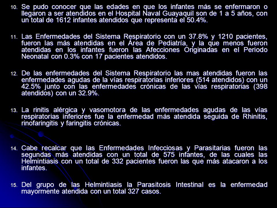 Se pudo conocer que las edades en que los infantes más se enfermaron o llegaron a ser atendidos en el Hospital Naval Guayaquil son de 1 a 5 años, con un total de 1612 infantes atendidos que representa el 50.4%.