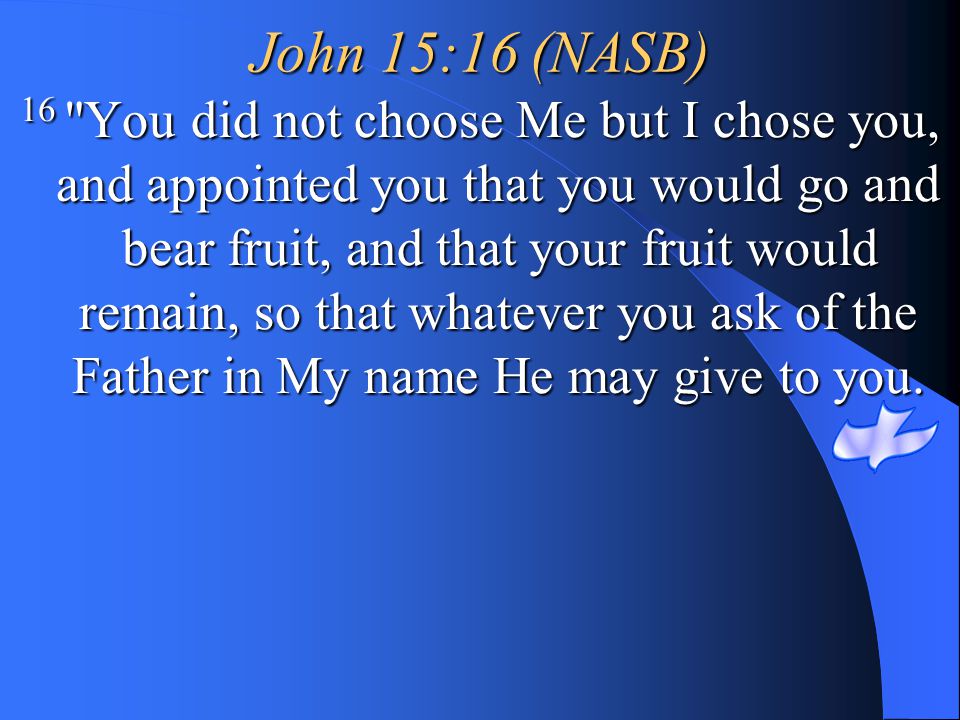 John 15:16 (NASB) 16 You did not choose Me but I chose you, and appointed you that you would go and.