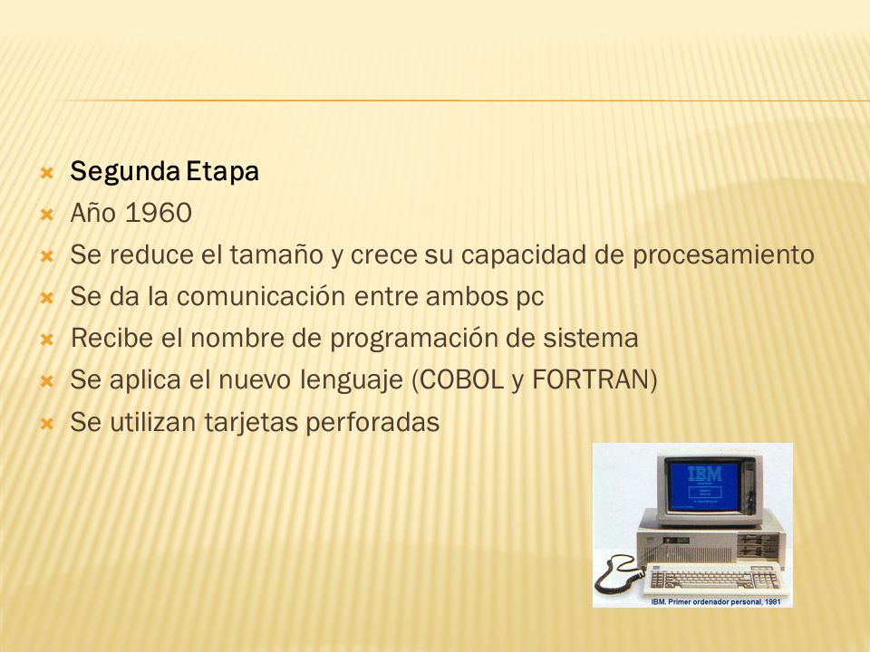 Segunda Etapa Año Se reduce el tamaño y crece su capacidad de procesamiento. Se da la comunicación entre ambos pc.