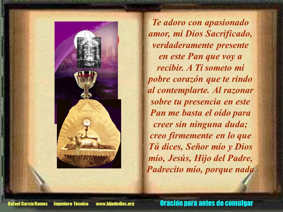Te adoro con apasionado amor, mi Dios Sacrificado, verdaderamente presente en este Pan que voy a recibir. A Ti someto mi pobre corazón que te rindo al contemplarte. Al razonar sobre tu presencia en este Pan me basta el oído para creer sin ninguna duda; creo firmemente en lo que Tú dices, Señor mío y Dios mío, Jesús, Hijo del Padre, Padrecito mío, porque nada