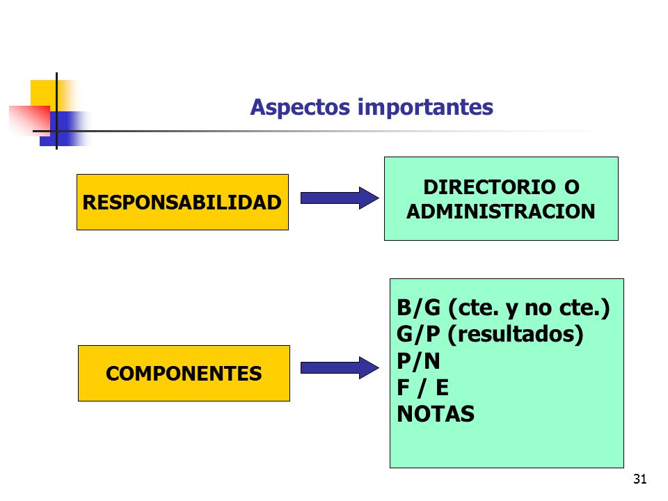 Aspectos importantes B/G (cte. y no cte.) G/P (resultados) P/N F / E
